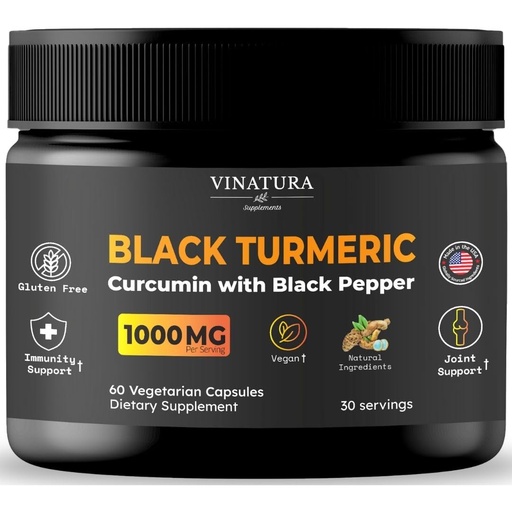 [BRSRAED7PMCBY3I6] VINATURA Black Turmeric, Curcumin with Black Pepper 1000mg - Turmeric Curcumin with Turmeric Black - Curcuma Caesia, Curcuma Longa, Black Pepper 95% Piperine - 60 Capsules 30 Servings