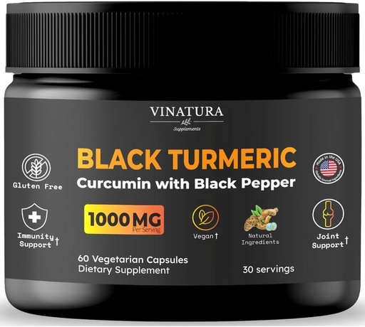 [BRSRAED7PMCBY3I6] VINATURA Sort gurkemeje, Curcumin med sort peber 1000mg - Gurkemeje med gurkemeje Sort - Curcuma Caesia, Curcuma Longa, Black Pepper 95% Piperine - 60 kapsler 30 Servere