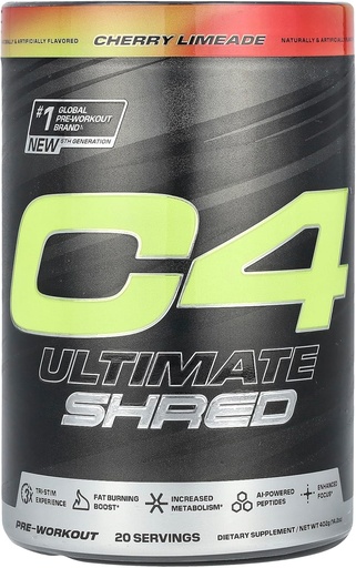 [BRSROCD6ORYGC3TG] Cellucor C4 Ultimate Shred Pré Treino em pó, suplemento de metabolismo com Cayenne Extract+300mg Cafeína+TeaCrine+Dinamina - Limeade de cereja, 20 Servings