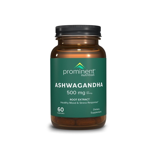 [BRSRMGTQPMMBSDTF] Prominent Nutrition Ashwagandha Supplement - Clinically Researched Shagandha Root Extract for Healthy Mood & Stress Support, Standardized to 2.5% Withanolides, 500 mg, 60 Vegan Capsules - 1 Pack