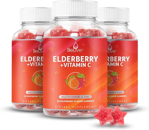 [BRSW2GD4OUCB4E34] BeLive Elderberry Gummies with Zinc and Vitamin C - Immune Support Supplement with Vitamin D, A, E, B12 - Gummies for Healthy Bones & Teeth, Vegan, Keto & Non-GMO - Raspberry Flavor | 3-Pack