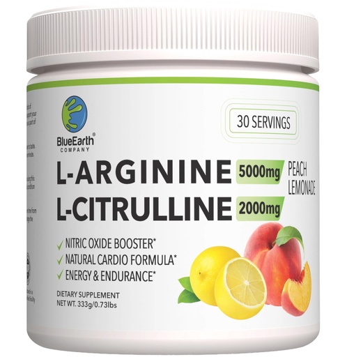 [BRSWYADYOIJWGFLF] L-Arginine 5000mg + L-Citrulline 2000mg Complex Powder Supplement - Nitric Oxide Booster - Heart Health, Blood Flow, Energy & Endurance - 30 Servings (Peach Lemonade)