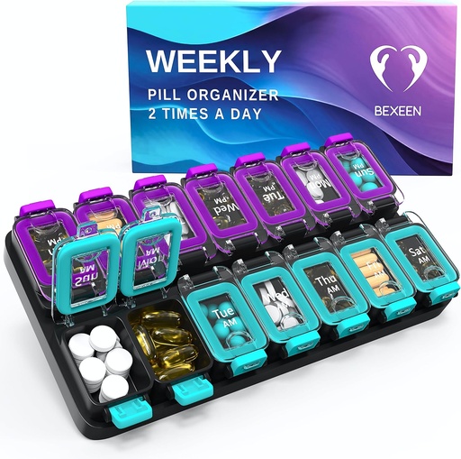 [BRSRA2T7DMJRAF3O] Extra nagy heti Pill Organizer 2 Times Egy nap - Airtight Pill Box 7 nap - Am Pm Vitamin Case - Medicine Container Two Week Supplement Holder Napi gyógyszertár Kétszer Med XL Zöld / lila