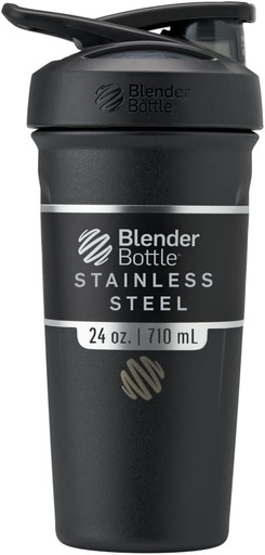 [BRSWYZQZCUMBGEI4] BlenderBottle Strada Shaker Cup Botella de agua de acero inoxidable aislada con Wire Whisk, 24 onzas, Negro