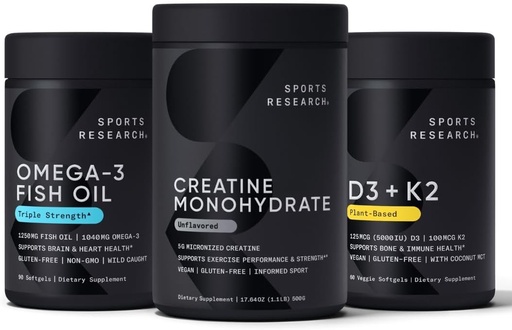 [BRSRA2TRBZ5A4E34] Sport de cercetare Triple Putere Omega 3 Ulei de pește - Burpless Fish Oil Supplement w/EPA & DHA Acidi grasi, Creatina Monohidrat și plante pe bază de vitamina D3 K2 cu ulei de cocos