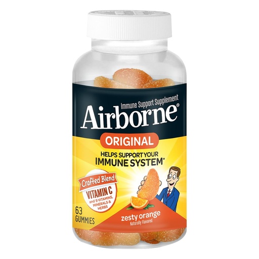 [BRSWKFAKOEGAIHDA] Airborne Immune Support Gummies, Zesty Orange Flavor, 63 ct - 750 mg Vitamin C + Vitamins A, D & E + Zinc, Selenium, and Manganese | with Herbal Blend | Naturally Flavored