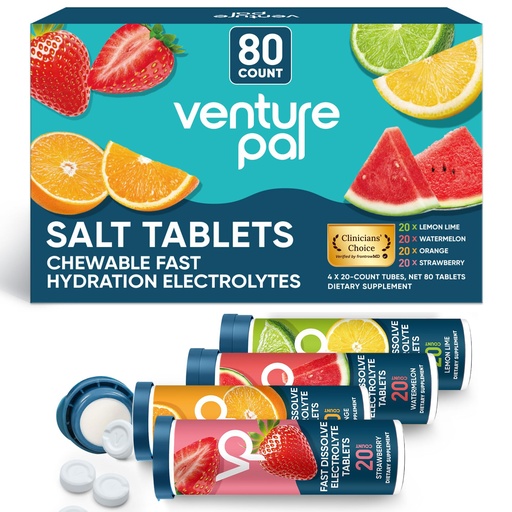 [BRSROHD3CB5QGE3G] Venture Pal Chewable Electrolyte Tablets, 80 Count Fast-Dissolve Sugar-Free Stick Salt Tablets,Gluten Free – Variety Pack for Rapid Hydration, Outdoor Running, Hiking | Keto & Vegan Friendly | 4 Pack