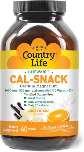 [BRSWIYT3OMAB4AIV] Country Life Cal-Snack, Chewable Calcium, Magnesium with Vitamin D, 1000mg/500mg/50 IU, Dairy-Free, Vanilla Orange Flavor, 60 Wafers, Certified Gluten Free, Certified Vegan