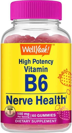 [BRSROYICAANRMA3O] WellYeah High Potency Vitamin B6 Gummies - Promotes Nerve Health, Cognitive Function, Mood Regulation, Immune Support, and Cardiovascular Health - Vegan, Non-GMO, Gluten-Free - 60 Count