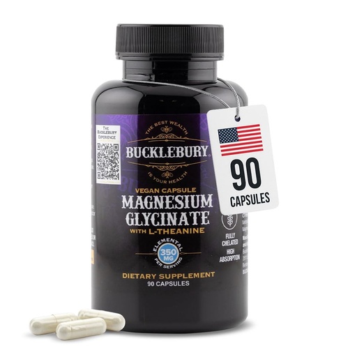 [BRSROHAQPIBWODTZ] Bucklebury Magnesium Glycinate Capsules with L-Theanine 350mg - Advanced Formula for Stress Relief, Muscle & Bone Health Support - Magnesium Glycinate Supplements for Women & Men - Vegan 90 Count