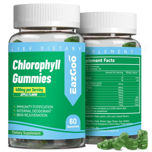 [BRSROZIOOAIQGADF] Sugar Free Chlorophyll Gummies, Vitamin B12 Zinc - Natural Deodorant*, Supports Healthy Skin & Body Detox*, Immune & Digestion Support, Chewable Chlorophyll Supplement for Women - 60 Count