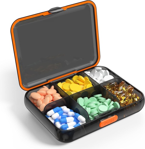 [BRSRA237AR6QGH3F] Large Travel Pill Organizer Portable Dispenser Moisture Resistant Pill Case for Vitamins Medications Fish Oil Supplements 6 Compartment Pill Box Removable Dividers (Black)