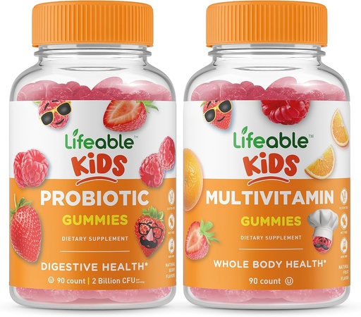 [BRSW2H33CV4GCCDB] Lifeable Probiotic 2 Billion CFU Kids + Multivitamin Kids, Gummies Bundle - Great Tasting, Vitamin Supplement, Gluten Free, GMO Free, Chewable Gummy