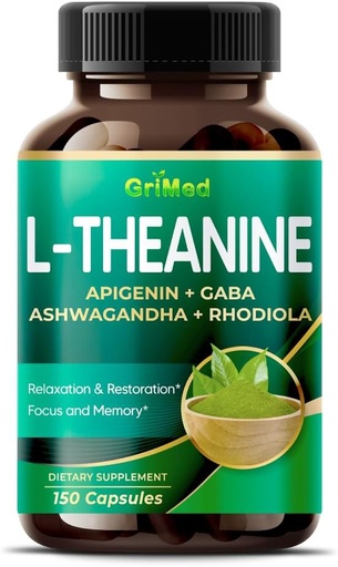 [BRSROGD7BZ7R6EQV] GriMed L-Theanine 11,900mg- X10 Power with Apigenin, GABA Ashwagandha, Rhodiola - Relaxation & Restoration Focus and Memory - Made in USA (150 Count (Pack of 1))