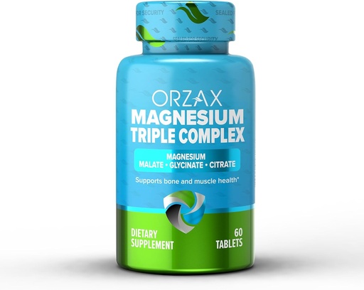 [BRSW2BLRAUFWMDY6] ORZAX Magnesium Triple Complex | Magnesium Glycinate, Citrate, Malate | Vegan, Gluten Free, Dairy Free, Halal | 200 mg of Triple Complex Magnesium for Muscles & Energy for Women and Men | 60 Tablets