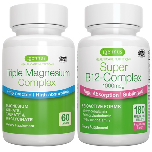 [BRSRAZQ3OAPGYDQ6] Triple Magnesium Complex + Super B12-Complex Energy Bundle, High Absorption Chelated Glycinate, Taurate & Citrate Magnesium + High Absorption Sublingual B12, Vegan, by Igennus