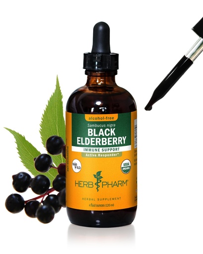 [BRSWIYTYOZYR2HDC] Herb Pharm Certified Organic Black Elderberry Liquid Extract Drops for Immune System Support, Alcohol-Free Glycerite, 4 Oz
