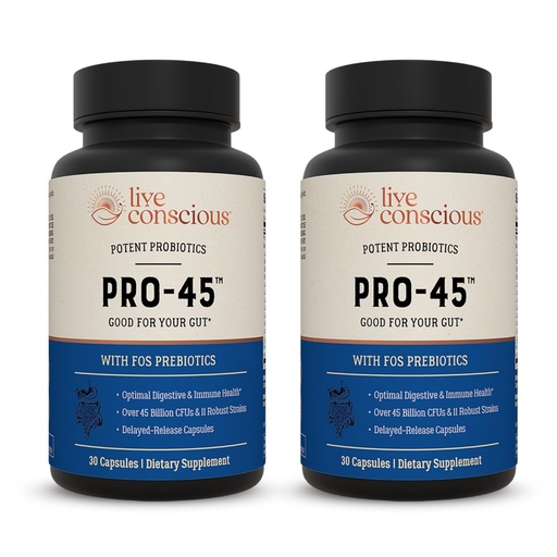 [BRSW22Q2CEHAYYDX] Live Conscious PRO45: Probiotic Formula, 45 Billion CFU, 11 Comprehensive strains. Dairy Free. Delayed Release Veggie caps. Promotes Immune and Digestive Health. 60 Capsules (2-Pack)