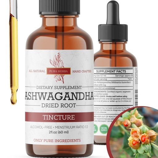 [BRSROBINB57A4CTG] Pura Herba Organic Ashwagandha Liquid Drops, Ashwagandha Root Tincture, Ashwagandha Extract Herb Supplements - 2 Fl Oz