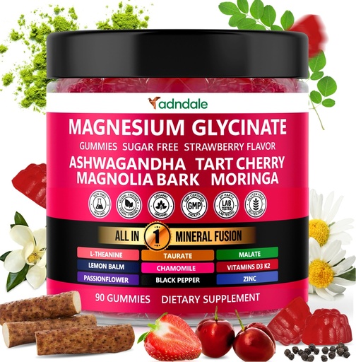 [BRSROCYTDF6GCG3F] Adndale Magnesium Glycinate 400 mg Gummies with Ashwagandha, Magnesium Malate & Taurate, Tart Cherry, Magnolia Bark, Lemon Balm, Passionflower, Chamomile, L-Theanine, Zinc, Vitamin K2 & D3. 90CT