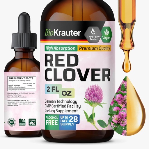 [BRSROGAROECGGAYU] BIO KRAUTER Red Clover tinktúra - Red Clover kivonat - Folyékony kiegészítés női támogatás - Alkohol és cukor mentes - Vegan Drops 2 Fl.Oz.