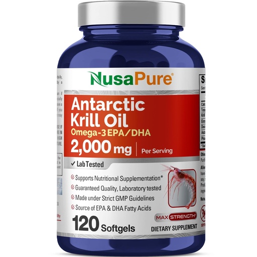 [BRSWYBIRAF7AKYDX] NusaPure Antarctic Krill Oil 2000 mg 120 Softgels, Omega-3 EPA 360mg, DHA 240mg, Soyfree Astaxanthin Supplement Sourced from Krill 800ppm