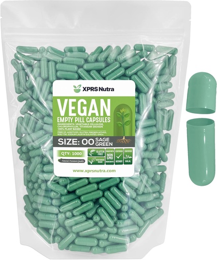 [BRSW2ZIKBMHR63LO] XPRS Nutra Size 00 Empty Capsules - 1000 Count Empty Vegan Capsules - Vegetarian Empty Pills - DIY Vegetable Capsule Filling- Veggie Pill Caps (Sage Green)