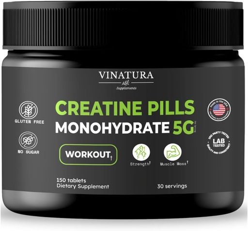 [BRSRAYD3CUBWGH3U] VINATURA Creatine Monohydrate Pills 5g - creatine Tablets, creatine Pills for Men, Women, creatina en capsulas *USA Made & Tested* Unflavored, creatine monohydrate Powder alt, 150 Tablets 30 Servings