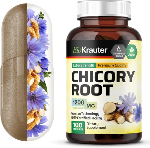[BRSWGHYHPMPRODL2] BIO KRAUTER Chicory Fiber Supplement - 1200 mg Strength - 100 Count - Chicory Root Powder - Inulin Capsules for Digestive Support - Vegan