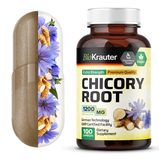 [BRSWGHYHPMPRODL2] BIO KRAUTER® Chicory Root for Gut & Digestive Support - Pure Vegan Prebiotics & Fiber Supplement in Capsules 1200 mg per Serving 100 Count - No Fillers, Non-GMO - 25 Days of Supply