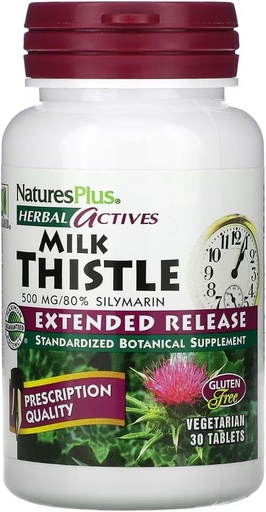 [BRSWIYTYCUOBCCY7] Natures Plus Herbal Actives Milk Thistle, Extended Release - 500mg, 80 % Silymarin, 30 채식 정제 - 글루텐 프리 - 30 서빙