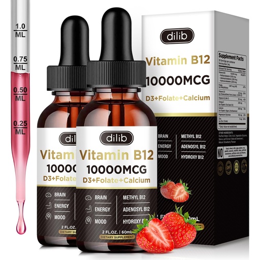 [BRSROZIEPJ6RQCDP] Vitamin B12 Liquid Drops Sublingual 10000 mcg, Triple B-12 Complex Supplement, Methyl & Methylcobalamin Blend for Women & Men, Mood & Energy Booster, Metabolism & Health Support, 2 Pack