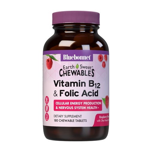 [BRSWIYYPDMDBAG36] BlueBonnet Nutrition Earth Sweet Vitamin B12 1000 mcg & Folic Acid 400mcg - Brain Health & Energy Vitamins for Women & Men - Vegan, Gluten-Free Raspberry B 12 Vitamin - 180 Chewable Tablets