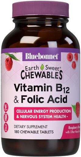 [BRSWIYYPDMDBAG36] Bluebonnet Nutrition Earth Sweet Vitamin B12 1000 mcg & Folic Acid 400mcg Brain Health & Energy* Vitamine per Donne & Uomini - Vegan, Gluten-Free Raspberry B 12 Vitamina - 180 Compresse masticabili