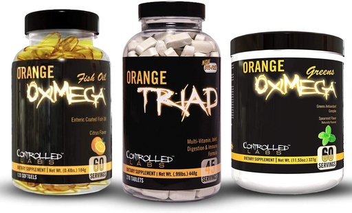 [BRSWYAAPOEBQM232] CONTROLLED LABS Bundle Includes 45 Servings of Orang Triad, Orange Oximega Greens Spearmint, and 120 Ct Orange Oximega Fish Oil Softgels