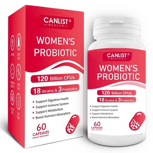 [BRSROCYBBB6GM2AV] CANLIST Women's Probiotics 120 Billion CFUs 18 Strains 3 Prebiotics & Digestive Enzymes Contains Organic Prebiotic Cranberry Women's Health Digestive & Immune Support Non-GMO, 60 Capsules