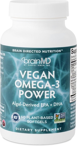 [BRSRMEL3A4HRM2AY] BRAINMD Dr Amen Vegan Omega-3 Power - 60 Landareetan oinarritutako Softgels - 1,100 mg EPA eta DHA - Focus, Memory & Heart Health - Vegan, Gluten Free & Non-GMO - 30 zerbitzatu