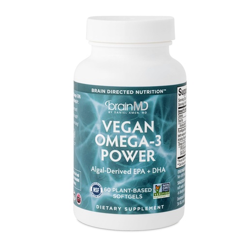 [BRSRMEL3A4HRM2AY] BRAINMD Dr Amen Vegan Omega-3 Power - 60 Plant-Based Softgels - 1,100 mg of EPA & DHA - Supports Focus, Memory & Heart Health - Vegan, Gluten Free & Non-GMO - 30 Servings