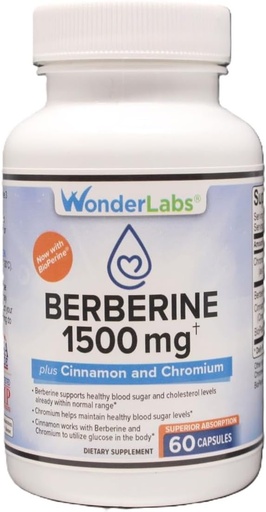 [BRSWECQ2OIFBSALP] Wonder Laboratories Berberine HCL 1,500mg + Cinnamon, Chromium, & Bioperine Обслуговування для глюкози, Серце & Імунна система Здоров'я клейковини & GMO Free - 60 капсули