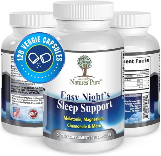 [BRSWKH33AEMR2CLG] Simply Natures Pure – Easy Night's Sleep Support – Natural Supplement – Magnesium – Valerian Root – Chamomile – Melatonin – Vegetable Capsule - Non-GMO