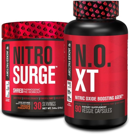 [BRSRMAQQCB5RSHY3] Jacked Factory Nitrosurge Shred Thermogenic Pre Workout Orange Ananass & N.O. XT lämmastikoksiidi Booster meestele ja naistele