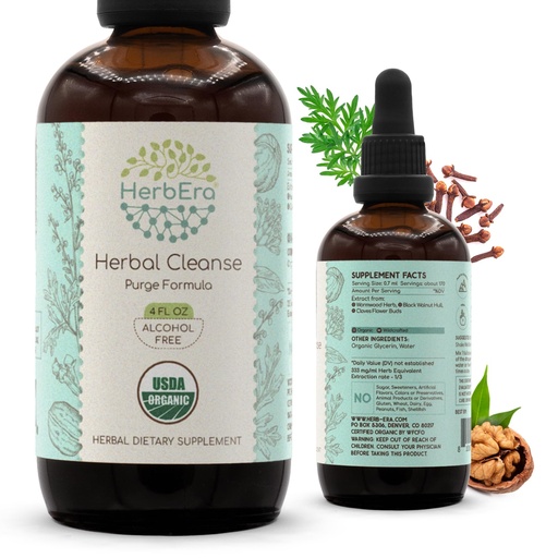 [BRSROHANAQARYC36] HerbEra Herbal Cleanse Organic Alcohol-Free Tincture | Detox and Cleanse Formula, Extract Supplement | Organic Wormwood Herb, Black Walnut Hull, Cloves Flower Buds | Purge Extract (4 fl oz)