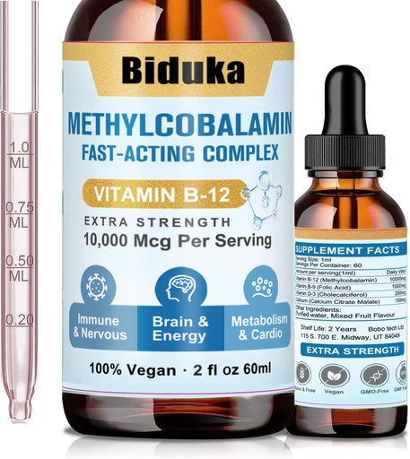[BRSRO2QLOYIGMYLF] 10,000mcg Sublingual Vitamin B12 Liquid Drops, Unique Formula with D3, B9(Folic Acid), Calcium, Support Energy, Heart, Mood, Brain, Immune System, Vegetarian, Non-GMO & Gluten Free