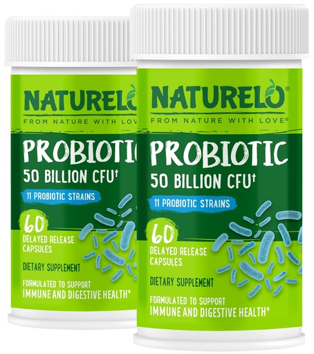 [BRSW2CD2OQDRM3TZ] NATURELO Probiotics for Digestive Health - 50 Billion CFU, 11 Strains, Daily Use Supplement - Boosts Immune System, Delayed Release, No-Fridge, 60 Vegetarian Capsules (Pack of 2)