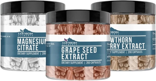 [BRSRO2YPBV6QACDL] Earthborn Elements Hawthorn Berry, Grape Seed, & Magnesium Citrate Bundle (200 caps), Pure & Undiluted, No Additives