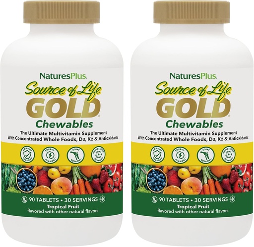 [BRSWYBLRA56QAEI2] NaturesPlus Source of Life Gold Multivitamin - 90 Chewable Tablets, Pack of 2 - with Vitamins D3, B12, K2 & More Than 120 Whole Foods - Blood, Bone & Immune Support - Gluten Free - 60 Total Servings