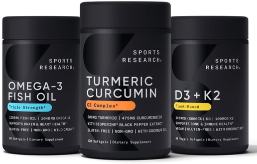 [BRSRAYY5AUHBGFA6] Sports Research Wild Alaskan Pollock Omega 3 Fish Oil 90 Softgels (1250 mg), Turmeric Curcumin C3 Complex (120 Softgels) and Vegan 5000 IU Vitamin D + 100mcg Mk7 Vitamin K (60 Softgels)