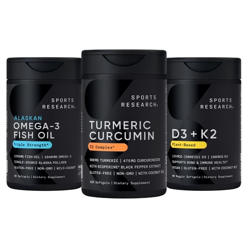 [BRSRAYY5AUHBGFA6] Sports Research® Body Wellness Pack - Wild Alaskan Pollock Omega-3 Fish Oil 1250 (90 Softgels), Turmeric Curcumin C3 Complex (120 Softgels) & Vegan 5000IU Vitamin D + 100mcg Mk7 Vitamin K (60 Softgels