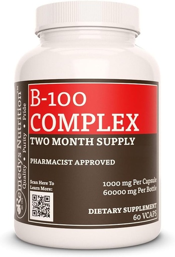 [BRSW22YNOYOR4CY4] Nutrición de Remedy Vitamina B-100 Complejo tención1.000 mg, 60 cápsulas veganas Suplemento dietético 