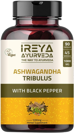 [BRSW2AI6CQHA2DL6] Ashwagandha Capsules Organic 1000mg (90 Capsules) Made with Tribulus Terrestris, Shatavari and Black Pepper Organic Ingredients | 45 Days Supply